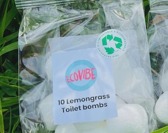Eco-Toilet Bomb Cleaners, Lemongrass, Essential Oils, UK Handmade, Biodegradable plastic packaging, Septic tanks safe, 10 Toilet Bombs