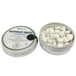 Pastillas de dentífrico sin flúor, sin residuos, menta fresca, veganas, sin crueldad animal, etiqueta compostable, fabricadas en Inglaterra, pastillas para masticar