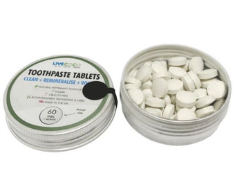 Remineralising Whitening Toothpaste Tablets, Fluoride-free, Zero Waste,  Vegan, Cruelty-Free, Compostable Label, Made in England