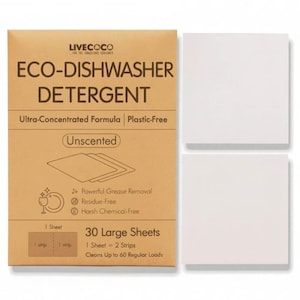 May include: A brown cardboard box of LIVECOCO Eco-Dishwasher Detergent with the text "Ultra-Concentrated Formula Plastic-Free" and "Unscented". The box contains 30 large sheets of detergent. Two white detergent sheets are next to the box.