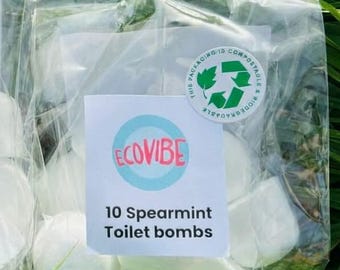 Eco-Toilet Bomb Cleaners, Spearmint, Essential Oils, UK Handmade, Biodegradable plastic packaging, Septic tanks safe, 10 Toilet Bombs