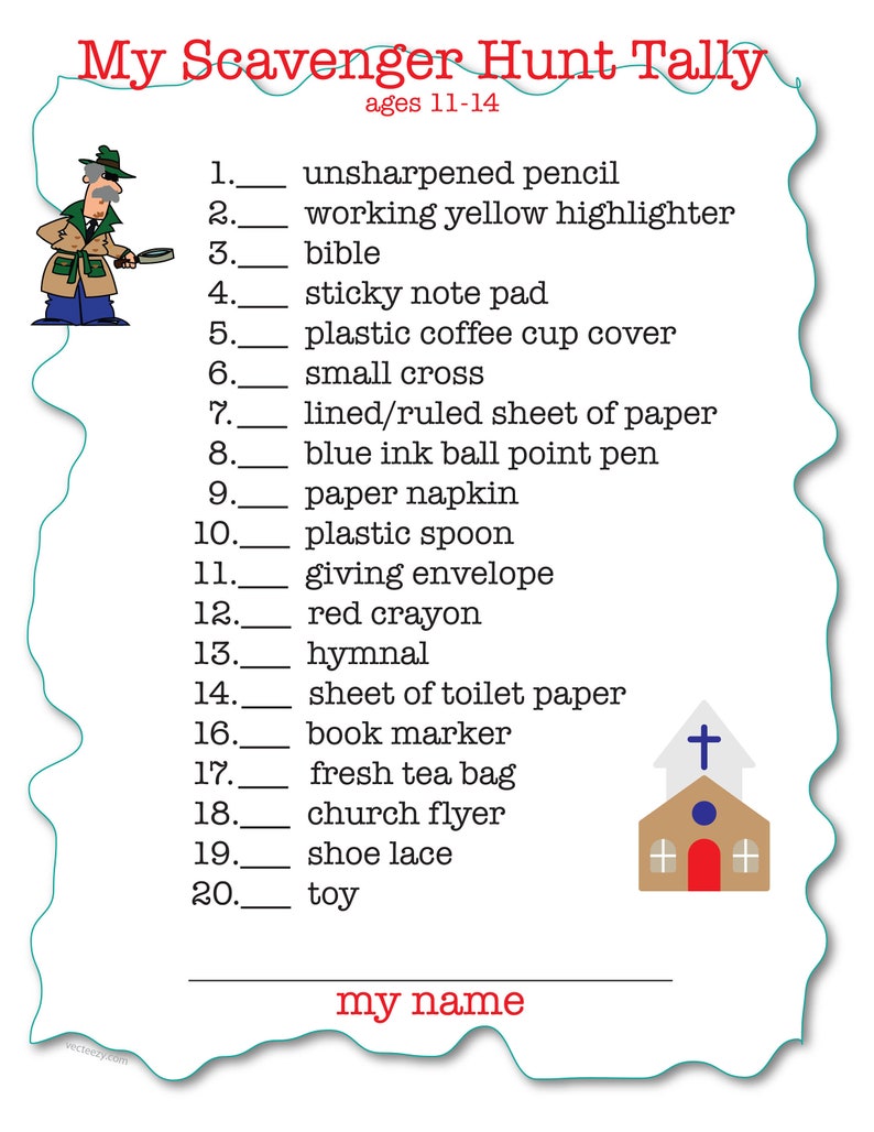 Church Youth Group Scavenger Hunt Sheet Ages 1114 General Search