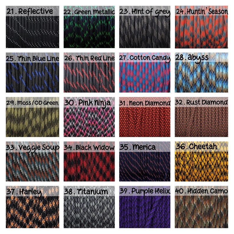 a collection of 16 different braided rope patterns, each with unique colors and designs. The patterns include various combinations of colors, such as black, green, red, and blue, as well as different braiding techniques. The image is a collage of 16 distinct braided rope patterns, each with its own distinct visual appeal and characteristics.