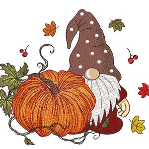 Fall Gnome with Pumpkin Embroidery Design, Autumn Embroidery File, 3 sizes