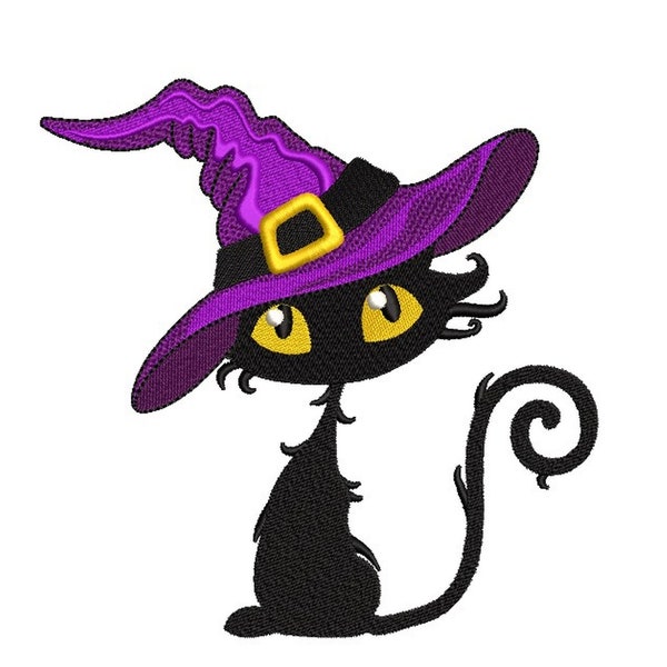 Witch Cat Embroidery Design, Halloween Embroidery Design, 3 sizes