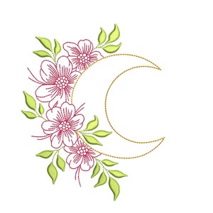Könnte beinhalten: Ein goldener Halbmond mit rosa Blüten und grünen Blättern. Das Design ist perfekt für Stickprojekte.