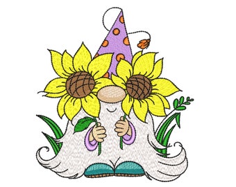 Gnome with sunflowers embroidery design