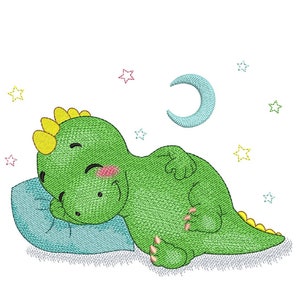 かわいい眠っている恐竜の刺繍デザイン、3 つのサイズ、すぐにダウンロード