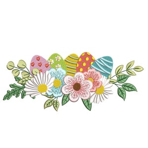 May include: A colorful Easter-themed embroidery design featuring five decorated eggs surrounded by white and blue flowers and green leaves.