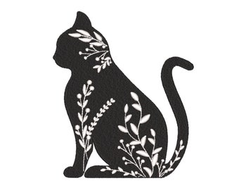 Silhouette of a cat with flowers embroidery design