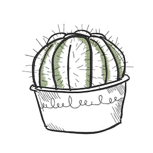 Puede incluir: Un dibujo en blanco y negro de un cactus en una maceta. El cactus es redondo y tiene muchas espinas. La maceta es blanca con un borde negro.