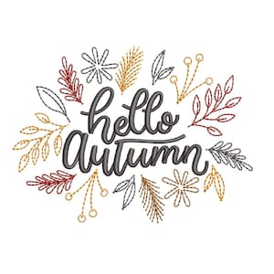 Hola diseño de bordado de otoño, archivo de bordado de máquina de otoño, 4 tamaños, descarga instantánea