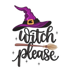 May include: A Halloween-themed design featuring a purple witch hat with a gold buckle, a brown broom, and the phrase "Witch Please" in black script. Small star accents are scattered around the text.