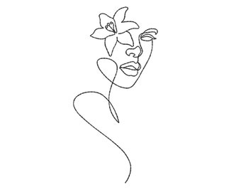 One line face with flower embroidery design