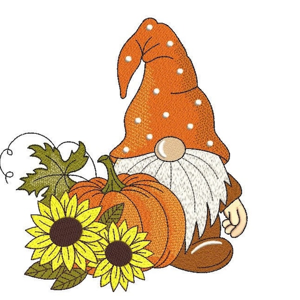 Fall Gnome with Pumpkin Embroidery Design, Autumn Embroidery File, 3 sizes