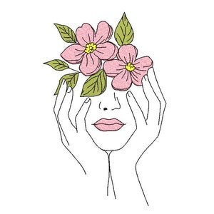 Woman Face with Flowers Embroidery Design, 4 sizes, Instant Download