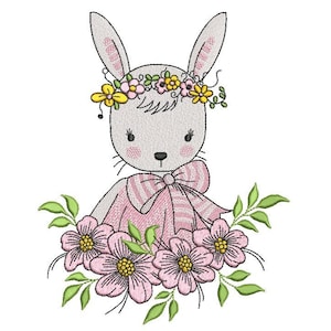 Floral Bunny Girl Embroidery Design, 3 sizes, Instant Download