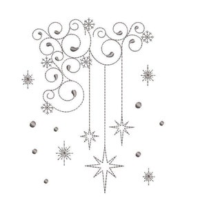 May include: A black and white embroidery design featuring a swirling floral pattern with snowflakes and stars hanging from the bottom.