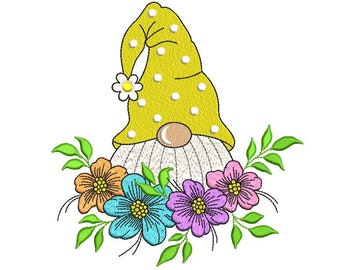 Gnome in a Flower Wreath Embroidery Design, 3 sizes, Instant Download