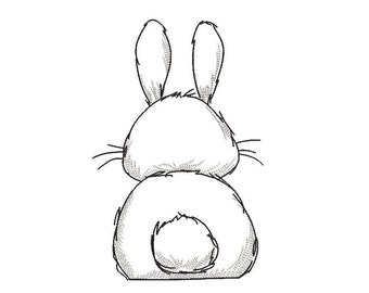 Puede incluir: Ilustración en blanco y negro de un conejito visto desde atrás. El conejito está sentado, con las orejas apuntando hacia arriba. La cola del conejito es visible y la imagen tiene un aspecto esbozado.