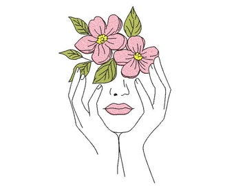 Broderidesign med kvinnans ansikte och blommor, 4 storlekar, direktnedladdning