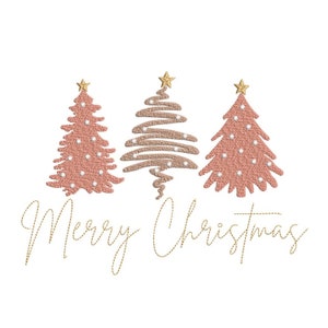 Könnte beinhalten: Drei rosa Weihnachtsbäume mit goldenen Sternen und weißen Kugeln, mit dem Text "Frohe Weihnachten" in goldener Schrift darunter.