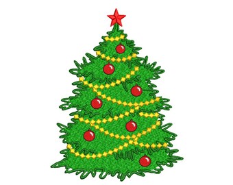 May include: A green Christmas tree with red ornaments, a red star on top, and gold garland. The tree is decorated with six red ornaments and gold garland. The tree is a festive holiday decoration.