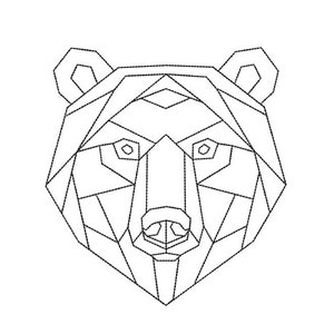 Könnte beinhalten: Geometrische Strichzeichnung eines Bärenkopfes. Das Design besteht aus zahlreichen miteinander verbundenen geometrischen Formen, wodurch ein Low-Poly-Effekt entsteht. Die Merkmale des Bären, einschließlich Augen, Nase und Ohren, sind klar definiert.
