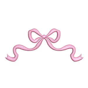 May include: A pink embroidered bow with flowing ribbons. The bow is centered and detailed with a textured stitch, creating a delicate and decorative design. The ribbons extend outward, adding a graceful touch to the overall aesthetic.