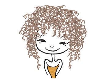 Curly hair girl embroidery design, 3 sizes, Instant download