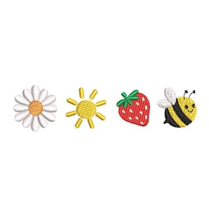 May include: Four embroidered patches featuring a white daisy, a yellow sun, a red strawberry, and a yellow and black bee.