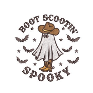 Boot Scootin&#39; Spooky Embroidery Design, Halloween Ghost Machine Embroidery Design, 3 sizes