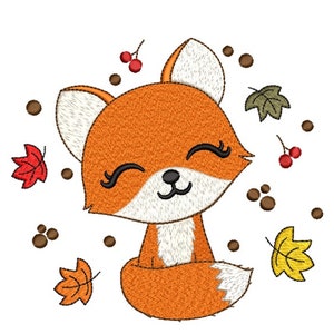 May include: An embroidered design of a smiling fox with orange fur, white accents, and closed eyes. The fox is surrounded by autumn leaves and berries in shades of red, yellow, and brown, set against a white background.