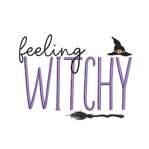 May include: A white background with the phrase "feeling witchy" in black and purple lettering. A black witch hat with a gold buckle and a black broom are also featured in the design. The image is perfect for Halloween.