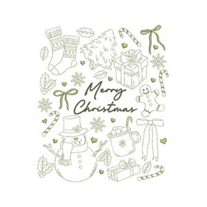 May include: A festive Christmas-themed illustration with a snowman, gift boxes, candy canes, and a Christmas tree. The words "Merry Christmas" are written in the center. The design is in shades of green and white.