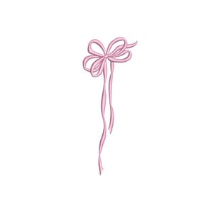 Pode incluir: Um laço de cetim rosa com caudas longas. O laço está amarrado em um nó simples e as caudas estão penduradas.
