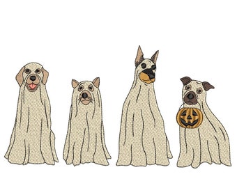 犬のゴースト刺繍デザイン、ハロウィーンのゴースト犬の不気味な季節の刺繍デザイン 4 つ、ハロウィーンのゴーストの子犬の足の刺繍ファイル、4 つのサイズ