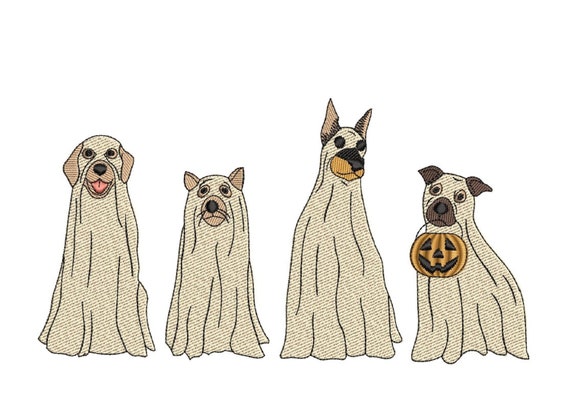 Dog Ghost Embroidery Design, Four Halloween Ghost Dog Spooky Season Embroidery Design, Halloween Ghost Puppy Paw Embroidery Files, 4 sizes