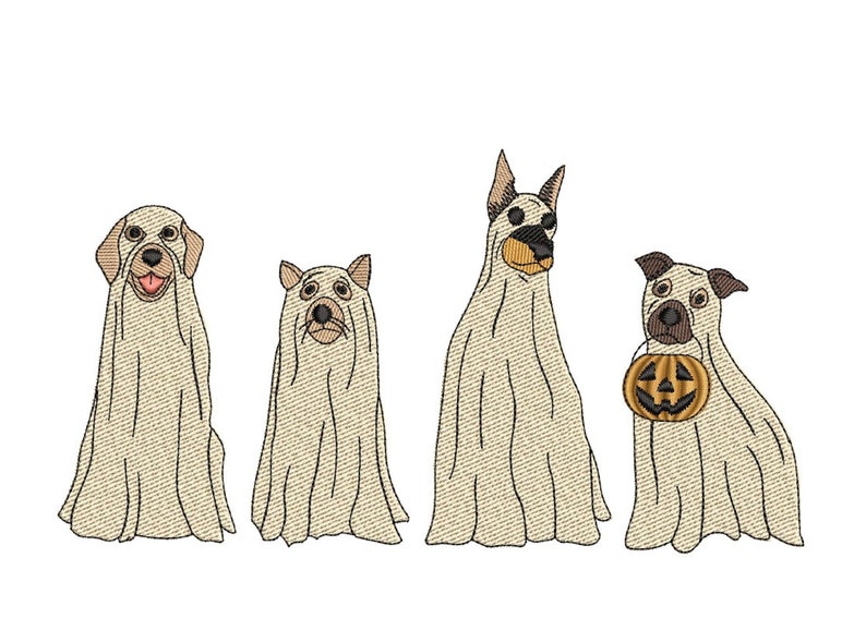 May include: Four dogs dressed as ghosts for Halloween. One dog is holding a jack-o-lantern.