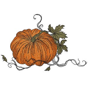 May include: An embroidered image of a pumpkin with green vines and leaves. The pumpkin is orange with vertical lines, and the vines have curly tendrils. The leaves are a muted green color, and the background is white.