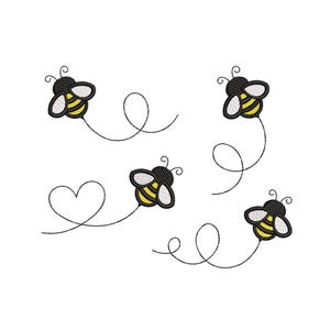 May include: Four black and yellow cartoon bees with white wings flying in different directions with black squiggly lines behind them.