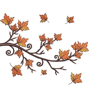 May include: A brown branch with orange and yellow maple leaves. The leaves are falling from the branch.