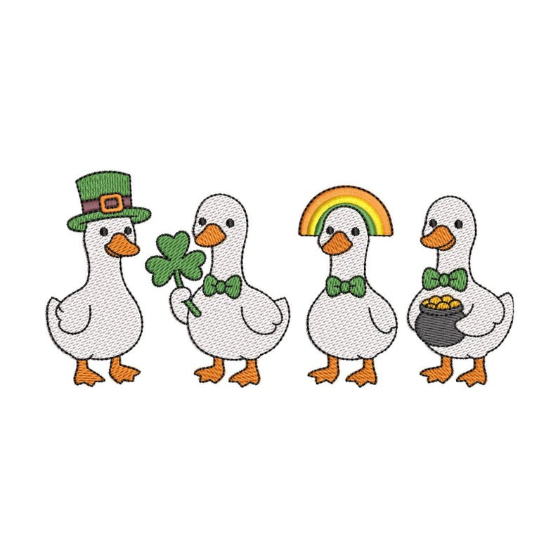 Machine embroidery design featuring four cute white ducks themed for St. Patrick's Day: one in a green leprechaun hat, one holding a four-leaf clover, one with a rainbow over its head, and one holding a black pot of gold coins.