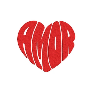 May include: Red heart-shaped design with the word "AMOR" spelled out in a stylized font.