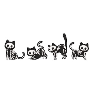 May include: Four black cat skeleton patches with white bone details. Each cat is in a different pose, including sitting, crouching, and standing. The patches are embroidered on a white background, perfect for Halloween or spooky-themed crafts.