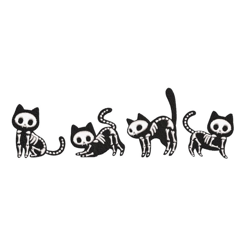 May include: Four black cat skeleton patches with white bone details. Each cat is in a different pose, including sitting, crouching, and standing. The patches are embroidered on a white background, perfect for Halloween or spooky-themed crafts.