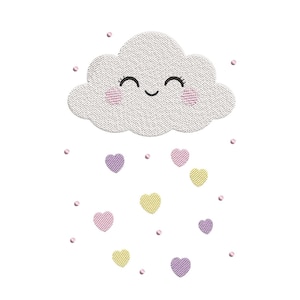 May include: A smiling white cloud with pink cheeks is raining down colorful hearts. The hearts are pink, purple, and yellow.