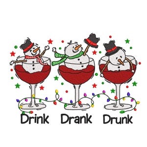 Snowmen embroidery design, Drink drank drunk 3 sizes, Instant download