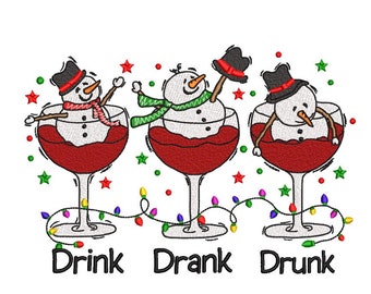 Snowmen embroidery design, Drink drank drunk 3 sizes, Instant download