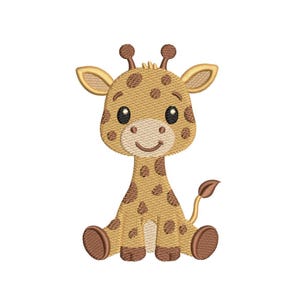 May include: A cartoon giraffe with a friendly expression, featuring a tan body with brown spots. The giraffe is sitting with its legs extended and has large, black eyes and small brown horns. The image is a digital illustration.